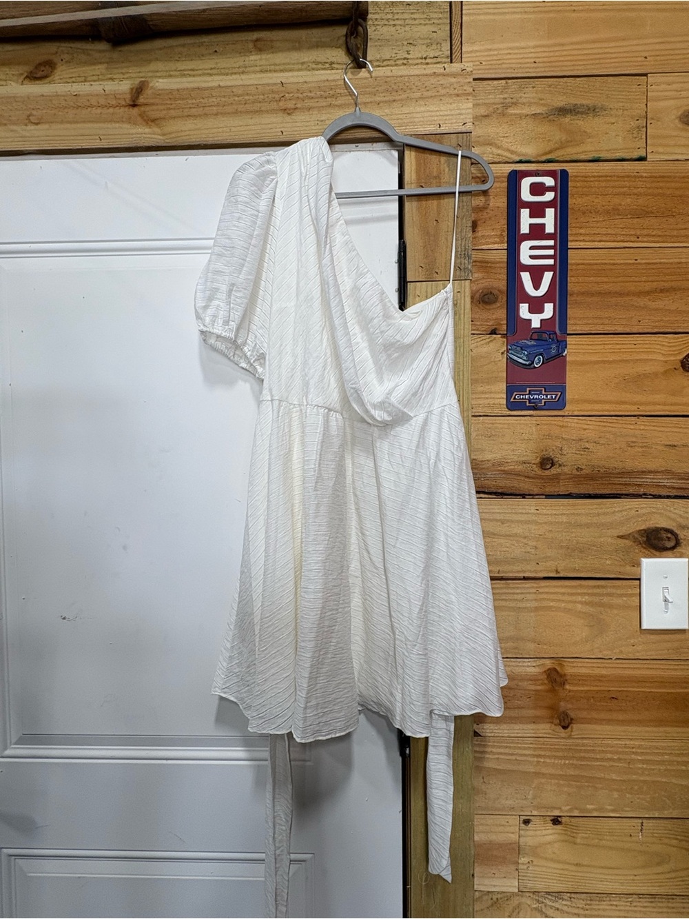 Nine West White One-Shoulder Pleated Mini Dress